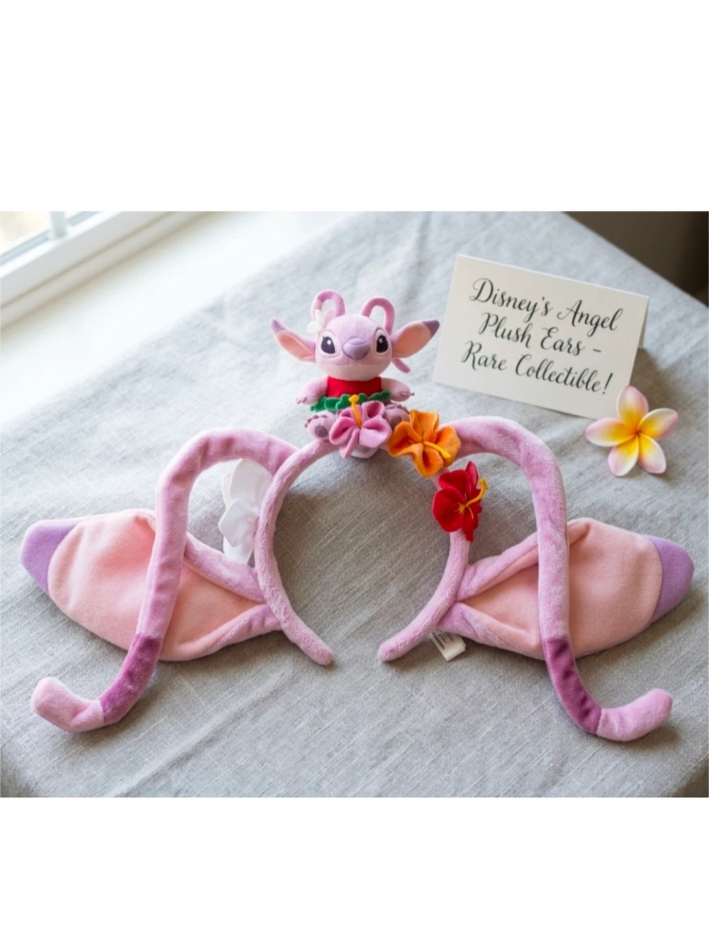 Rare Retierd Disney Angel Plush Ears Headband - Pink with Floral Accents